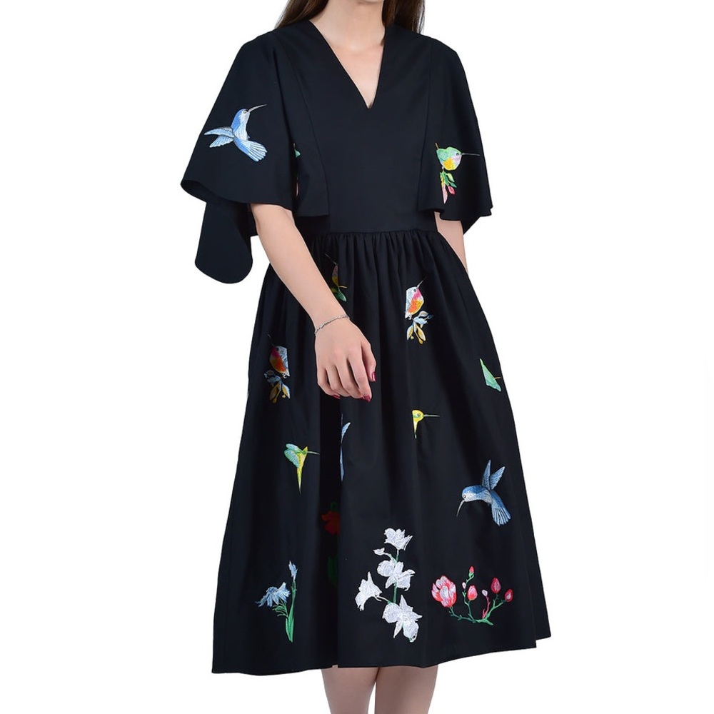 Fanm Mon Black Midi Dress with Floral Embroidery